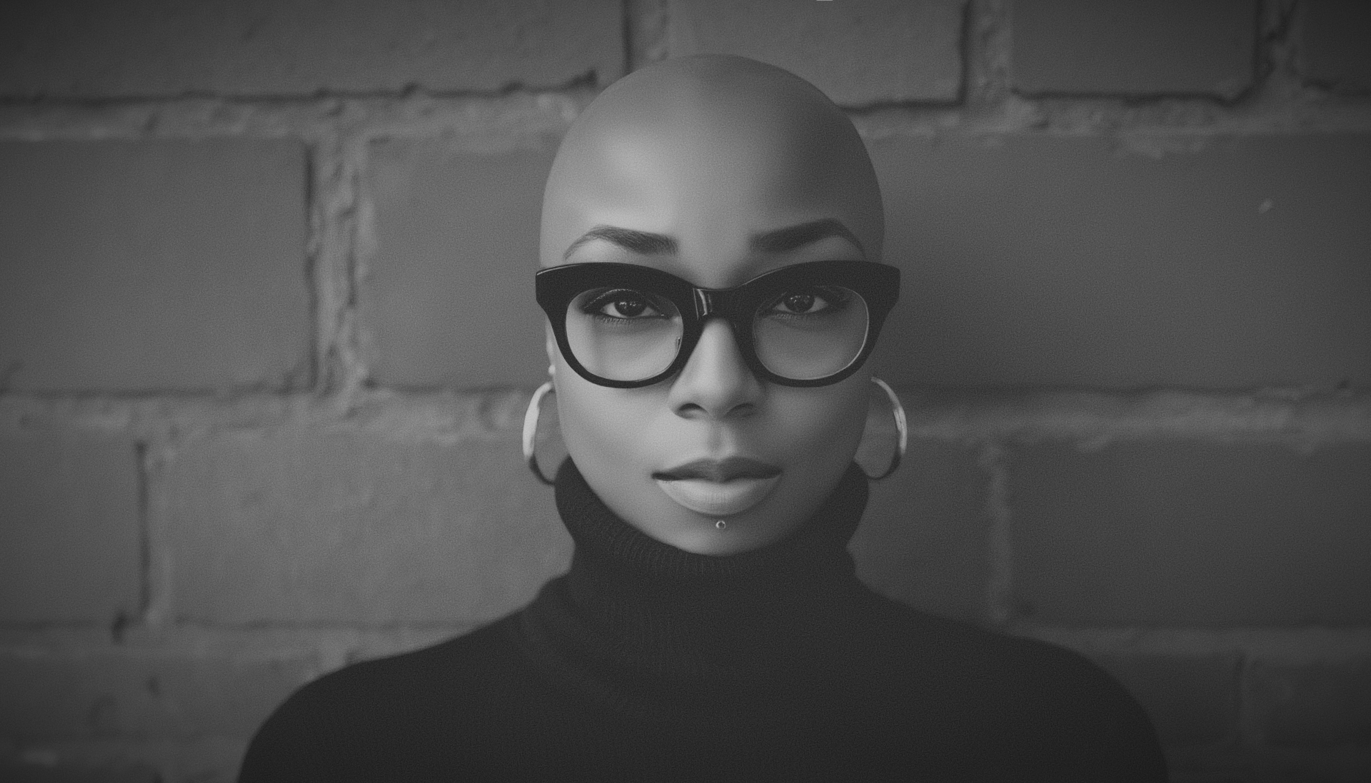 Black-and-white portrait of a bald Black woman wearing bold wayfarer-style glasses and large hoop earrings while standing in front of a brick wall; composed, modern, and minimalist aesthetic.